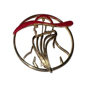 Vintage Lady Remington Art Deco Lady Brooch Pin Red Hat Round Shape Gold Tone